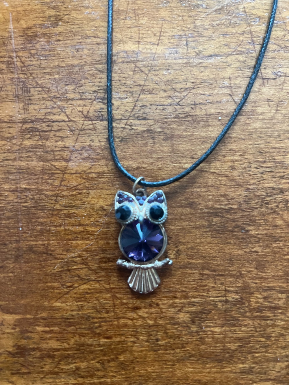 Owl Pendant Necklace Purple Crystal Boho Cord Adjustable